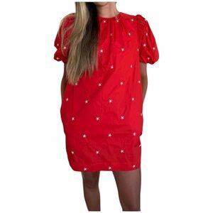 NWT Pinch Jade Star Printed Puff Sleeve Mini Dress In Red Size Large